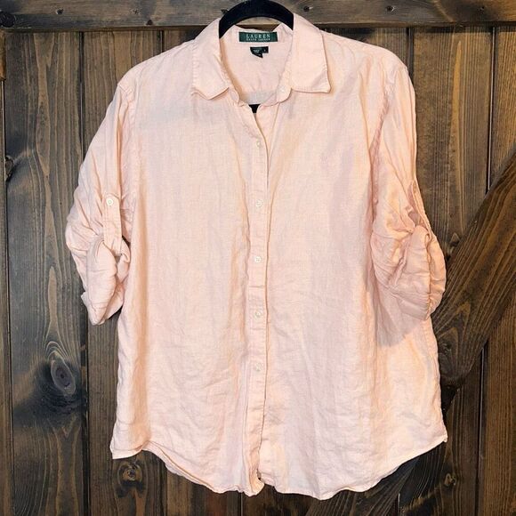 Lauren Ralph Lauren 100% Linen Roll Tab Sleeve Button Up Shirt - Picture 1 of 5